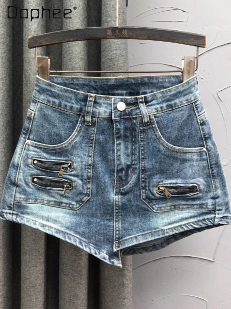 

High Waist Fake Two-Piece Denim Shorts Skirt for Women 2025 Summer Fashion Elegant Trendy Hot Girl Fashion A-Line Wide-Leg Pants