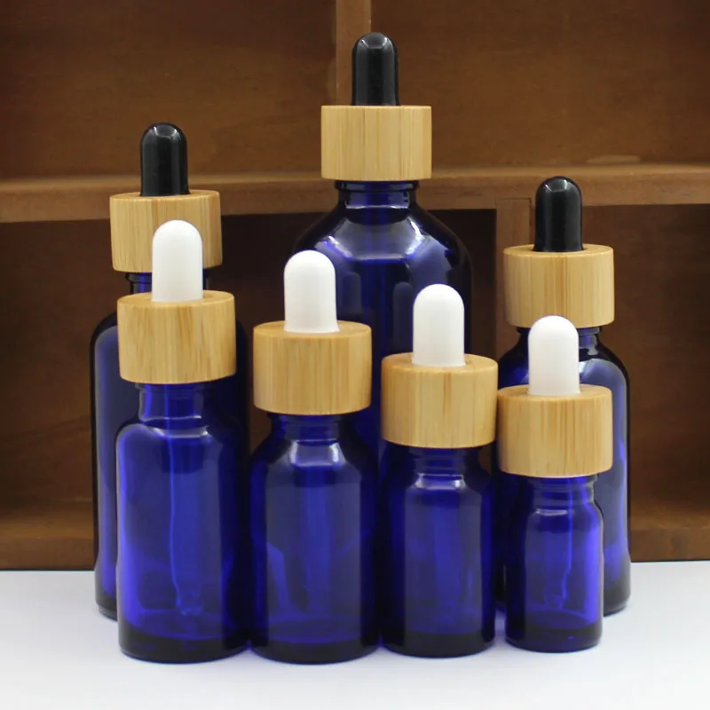 

12pcs 10ml 20ml 30ml 50ml 100ml Dropper Bamboo blue Glass Aromatherapy Refillable Bottle For Essential Massage Oil Container