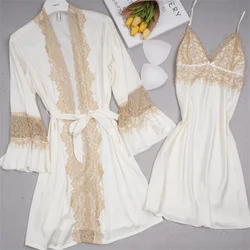 White Lace Wedding Robe Set Nightgown Spring Summer Female Sleepwear Kimono Bathrobe Gown Loose Satin Home Dress Lounge Wear