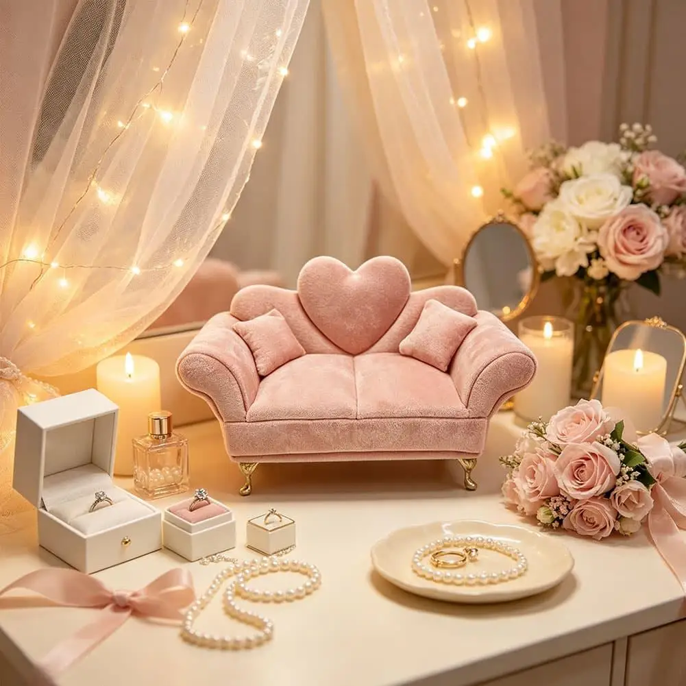 Elegant Fabric Sofa Shaped Jewelry Box Pink Mini Couch With Mirror Ring Earring Bracelet Display Stand Luxury Jewelry Holder