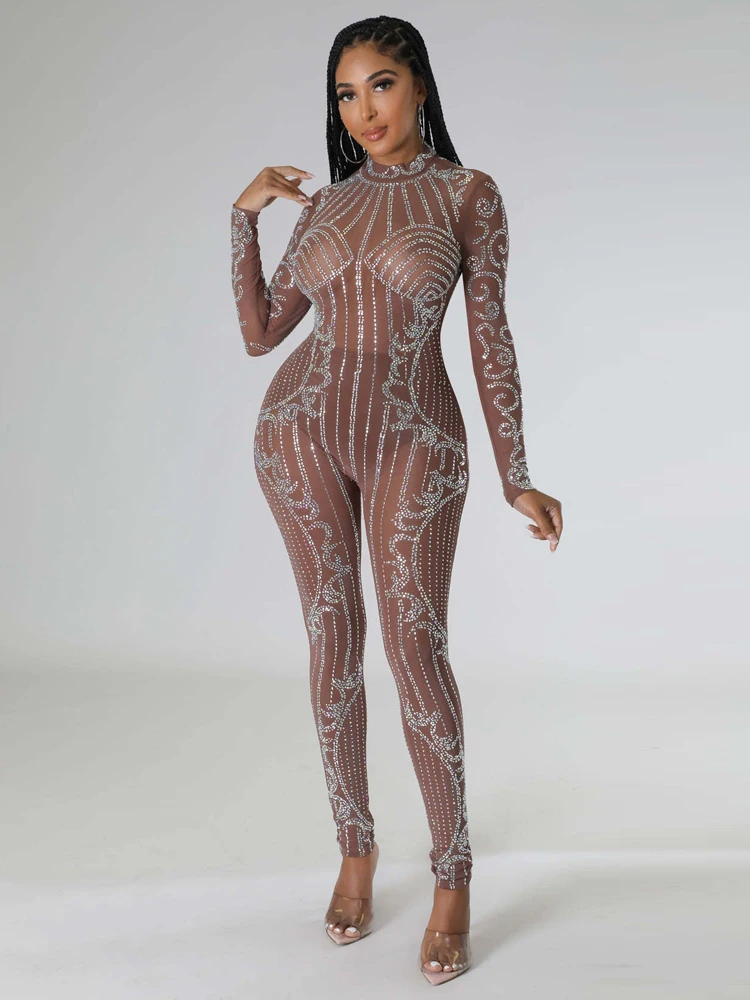 Perspective Shining Hot Diamond Long Sleeved Party Nightclub Jumpsuit Women's Long Sleeved Round Neck Zipper Solid Color Pants