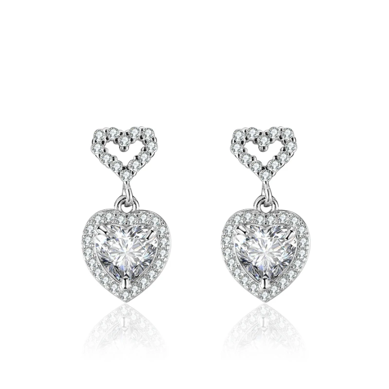 S925 Silver 1 Carat Heart D Color Moissanite Diamond Drop Earrings Women Engagement Wedding Fine Jewelry