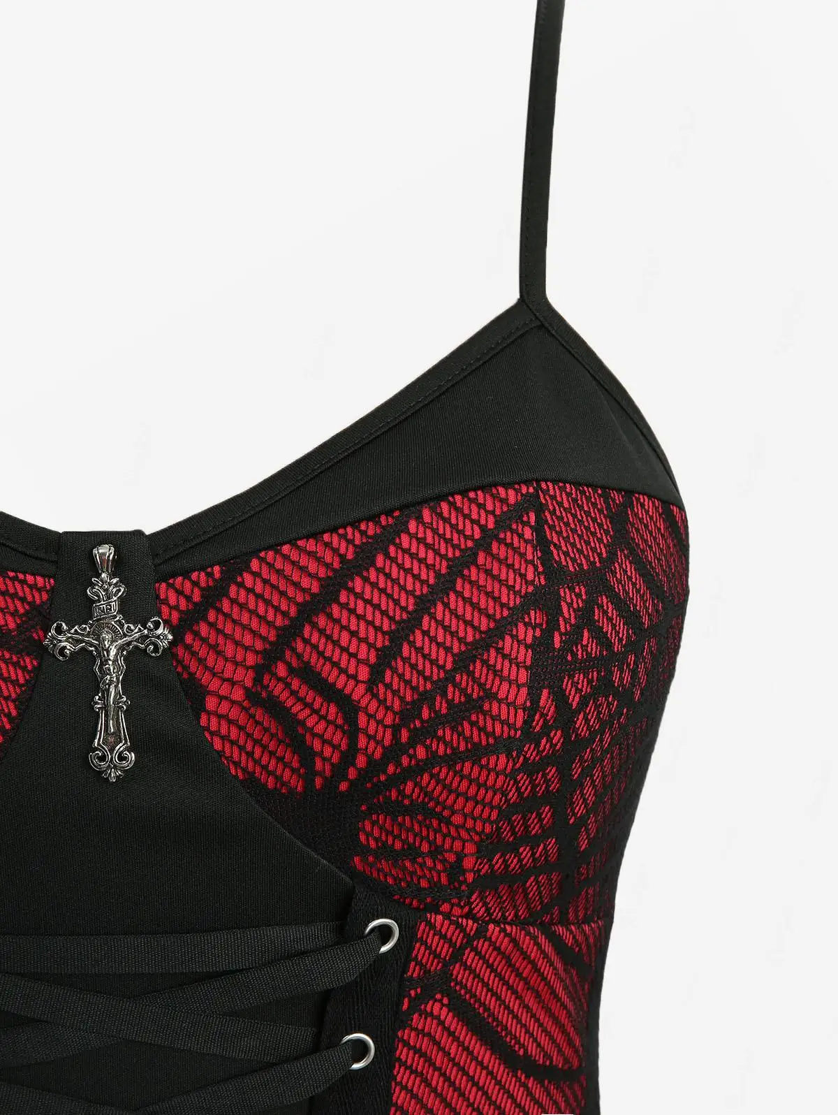 เดรสสายเดี่ยวทรงเอลายใยแมงมุมแบบกอธิค แต่งเชือกผูกไขว้  ลายใยแมงมุมสุดหลอน สไตล์ลำลอง สายปรับได้สำหรับผู้หญิง