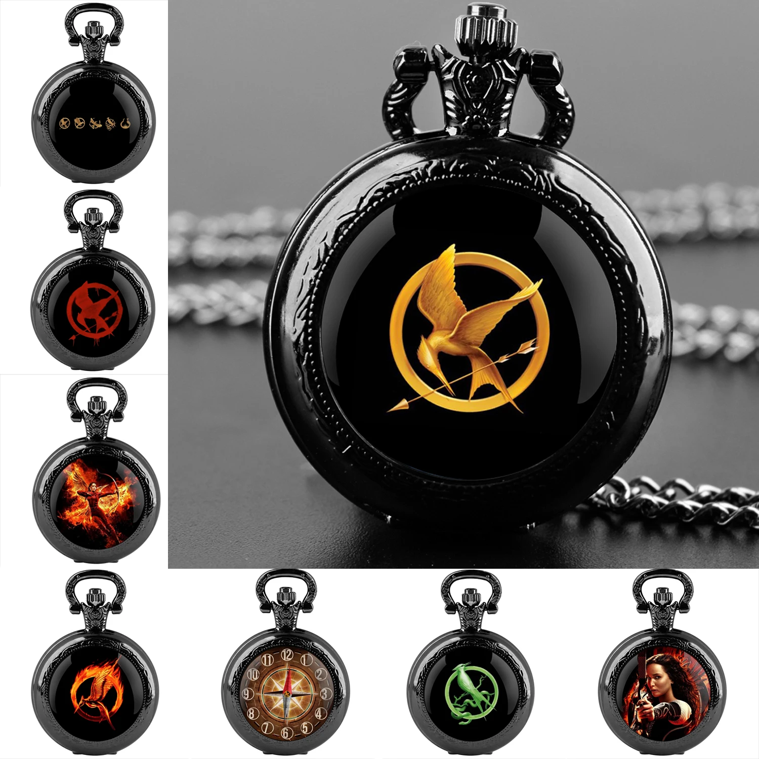 Classic Movie-Themed Glass Dome Quartz Pocket Watch Necklace: Arabic Numeral Dial Unisex Accessory Gift