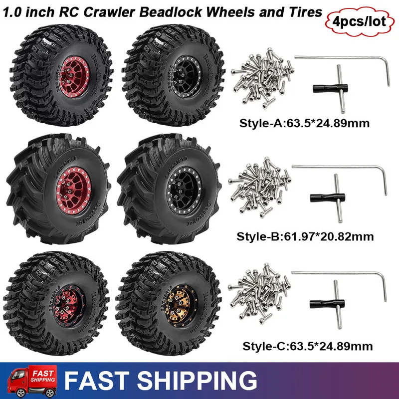4PCS 1.0'' Metal Beadlock Wheels and Tires RC Crawler for 1/18 1/24 Traxxas TRX4M SCX24 Ascent-18 Axial AX24 FCX24 Upgrade Parts
