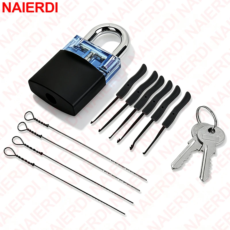 NAIERDI Transparent Practice Padlock,Locksmith Skill Training Tool Kit with Broken Key Extractor Tools for Beginner DIY Learning