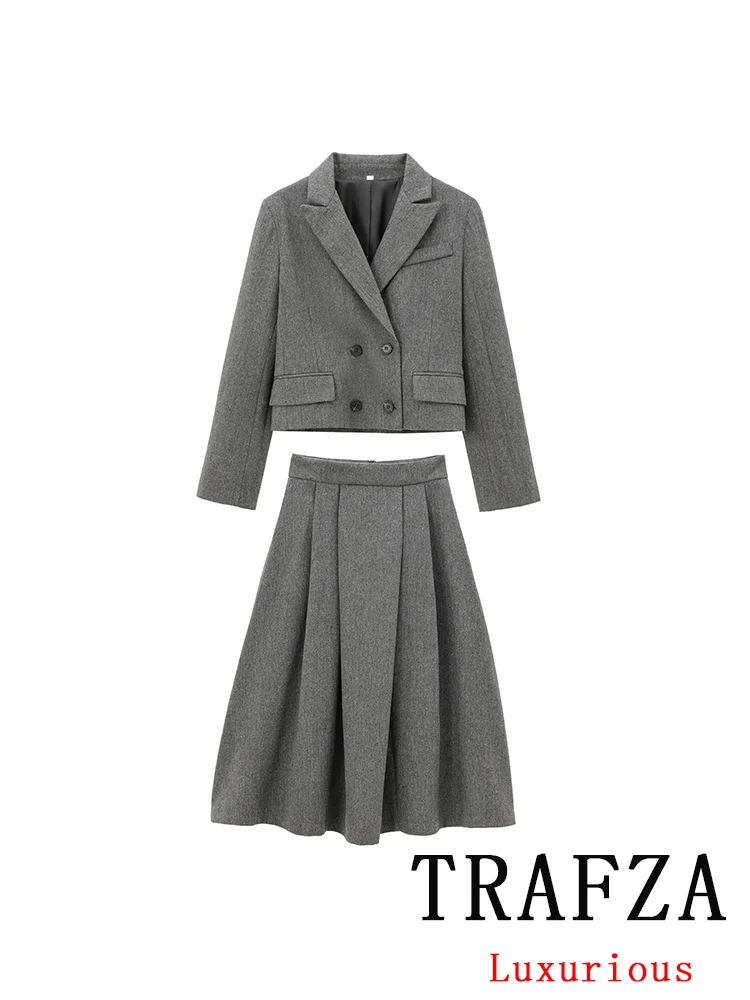 TRAFZA Vintage Casual Chic Women Solid Suit Long Sleeve Double Breasted Blazer Long Wide Pleated Skirt Fashion 2024 Autumn Sets