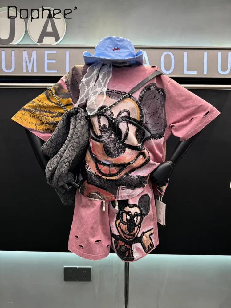 

European Style Summer New Heavy-duty Printed Short-sleeved T-shirt Women's Set Loose Age-reducing Cartoon Top Shorts Set