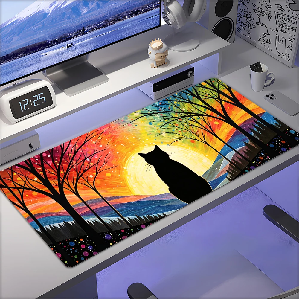 Mousepad Xl Extended - Renkli gün batımı ve kedi desenli,