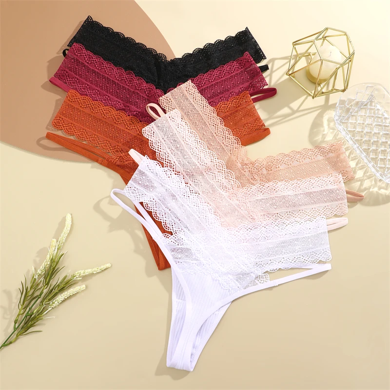 FINETOO 5Pcs Floral Lace Thongs Patchwork Striped Underwear for Women Sexy Double Layer Belt G-string Soild Breathable Lingerie