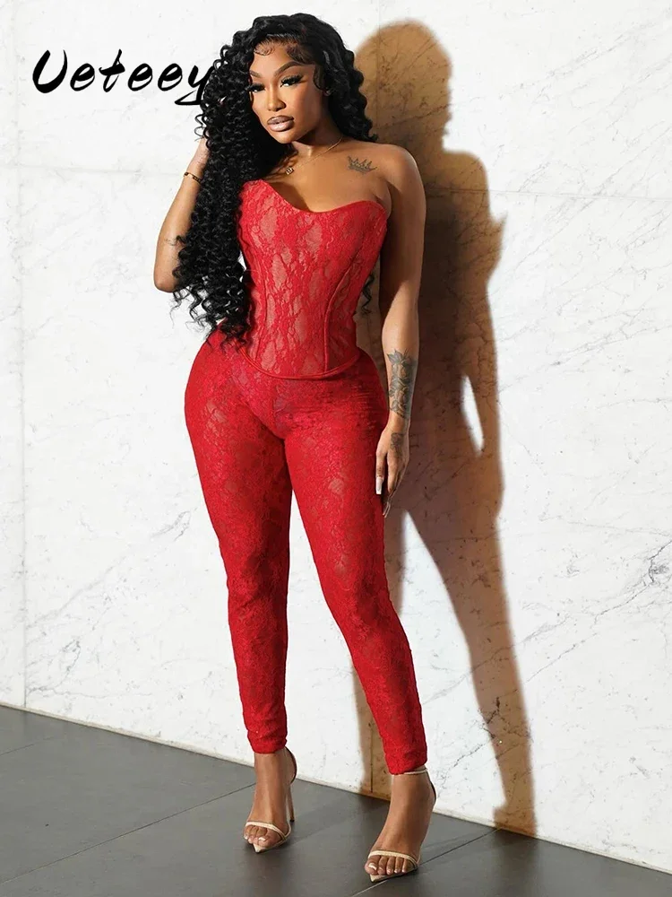 

Ueteey Jacquard Women 2 Piece Set See Through Sexy Behind Shirring Double Deck Corset Top+Leggings Matching Party Clubwear