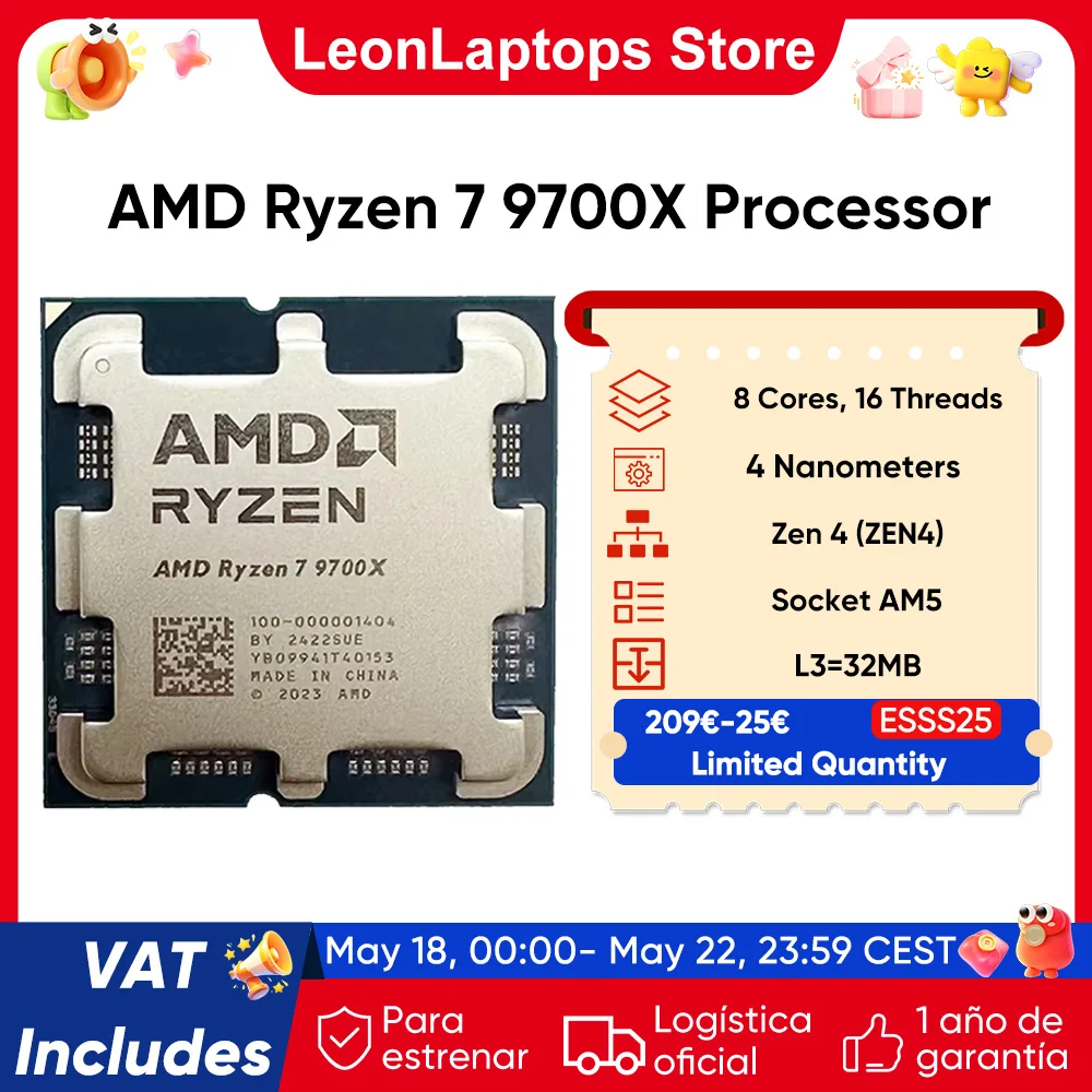 Procesador AMD Ryzen 7 9700X 5,5 GHz 8 núcleos 16 hilos 40 MB de caché de juego 4NM TDP 65W Socket AM5 CPU para juegos… — oferta en AliExpress