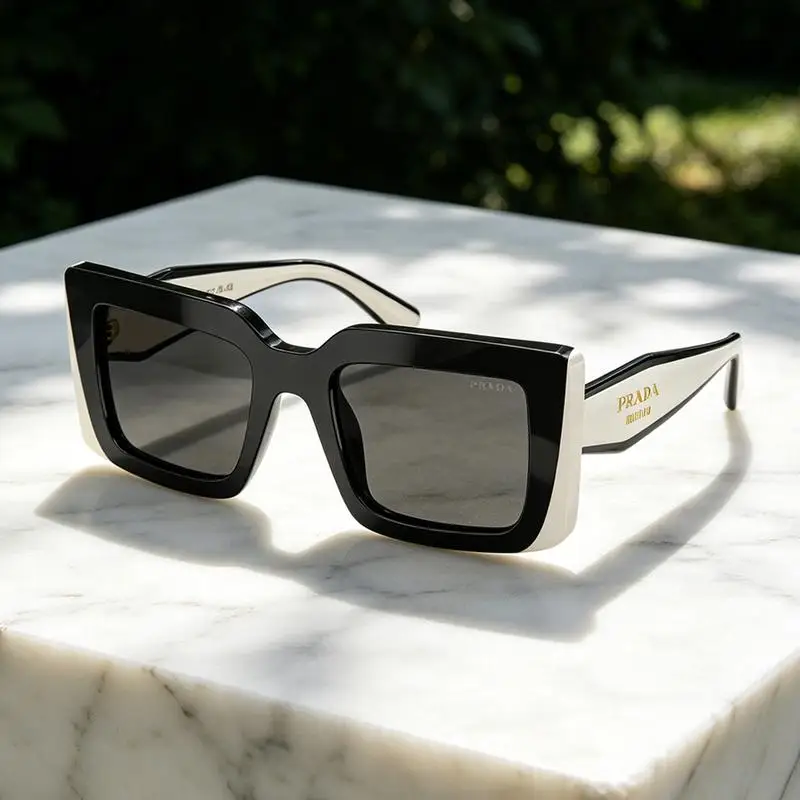PRADA 0PR D01SF 20G08Z Black Acetate Rectangular Sunglasses Dark Grey Lenses Logo Temple Designer Eyewear for Women and Men