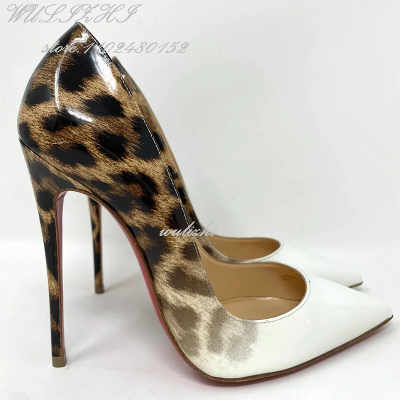 Marrone maculato pompa in pelle verniciata ragazza bianco sfumato Stiletto 12 tacchi a punta sandali Sexy partito scarpe rosse scarpe eleganti estive