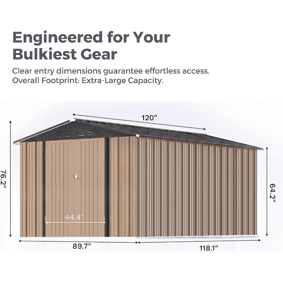 Outdoor storage shed for garden backyard patio use, galvanized steel construction, gray color, weather-resistant with lockable