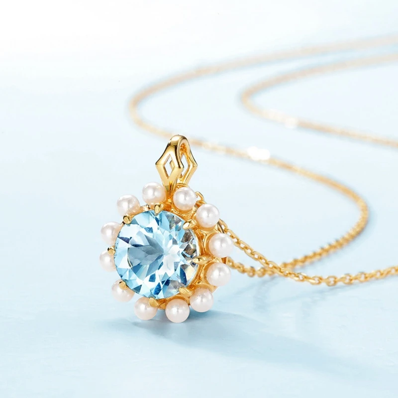 Shruno Blue Topaz Pendant Solid 18k 14K 9K Yellow Gold Genuine White FreshWater Pearl Pendant Women Flower Style Fine Jewelry