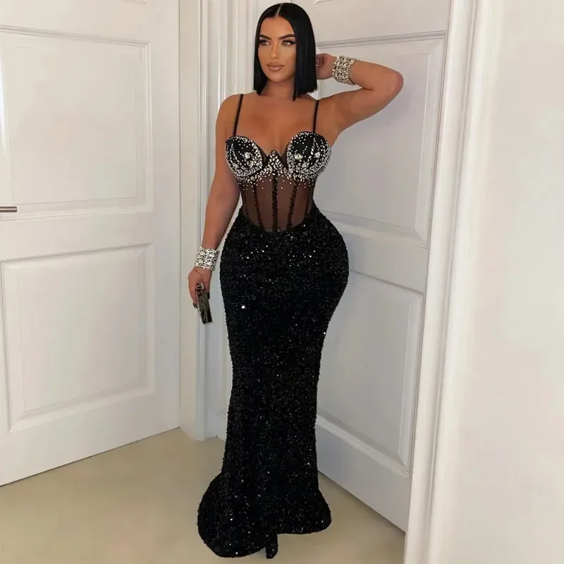 Femmes Sexy maille transparente Patchwork velours paillettes Maxi Robe de soirée strass bretelles Spaghetti dos nu moulante longue Robe