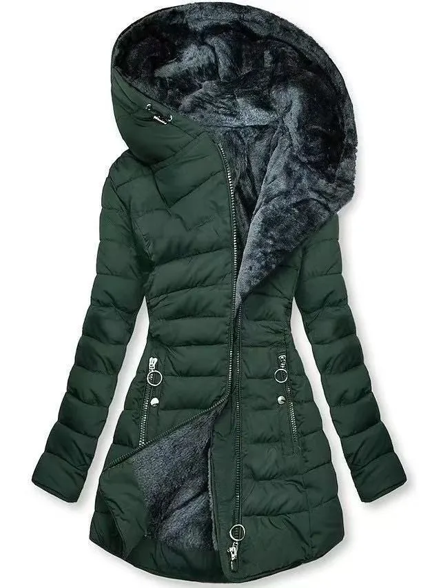 Stylish Women Coat, Hooded Slim Fit Coat, Waist Cinched Mid Length Coat, Warm Quilted Cotton Padded Insulated Fashion Jacket