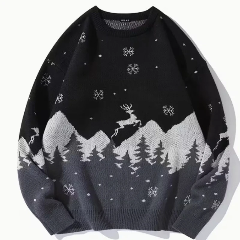

Мужской рождественский свитер с оленями и снежинками, зимний вязаный пуловер, повседневный теплый праздничный джемпер с круглым вырезом, топ