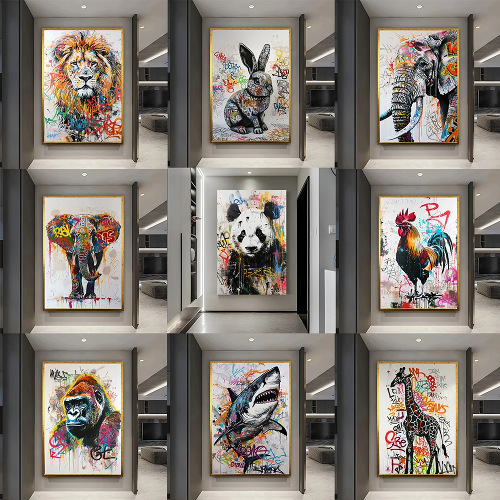 Abstract Street Graffiti Panda Canvas Painting Elephant Giraffe Watercolor Poster Colorful Rooster Lion Wall Art Room Home Decor