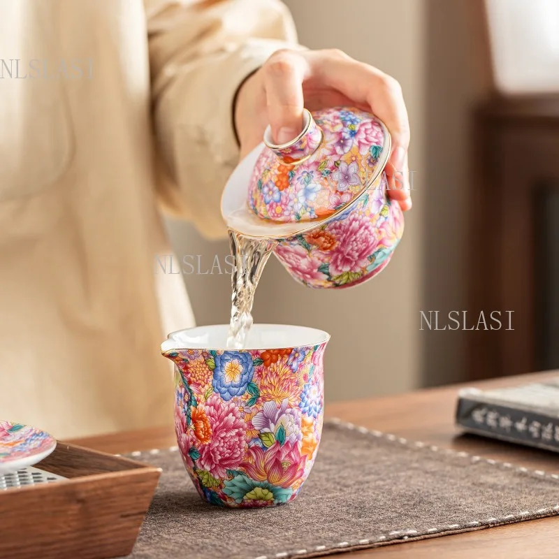 220ml Colorful Famille Rose Porcelain Fairness Cup with Dense Floral Pattern Tea Pitcher for Kung Fu Tea Ceremony and Gift