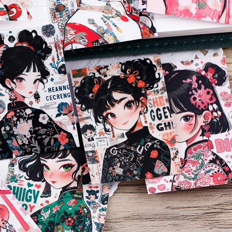 16pcs Stationery Stickers with Chinese Retro Girls  Waterproof Features Perfect for DIY Crafts, Journal Decoration  Scrapbooking