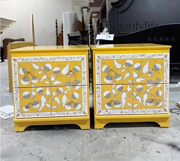 

French light luxury solid wood bedside table American neoclassical bedside locker handmade painted cabinet locker