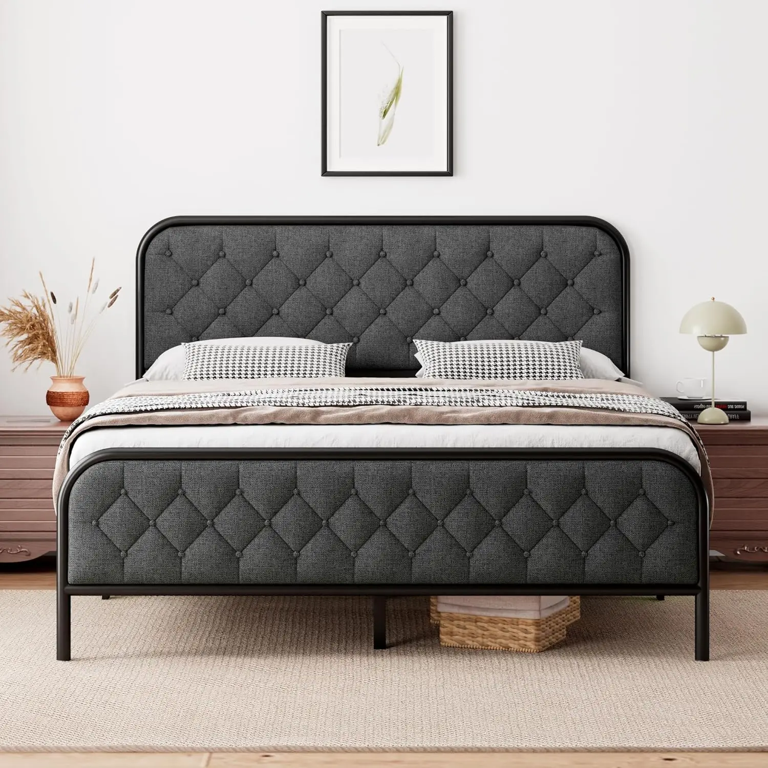 

Full Size Bed Frame, Upholstered Platform Bed Frame with Diamond Linen Headboard, Heavy Duty Metal Slats Support