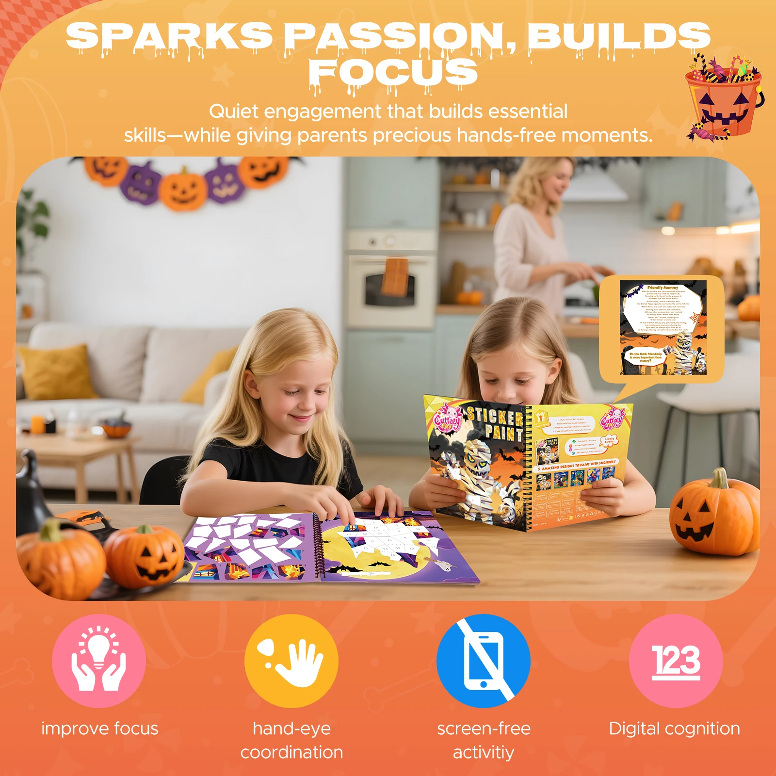 1PCS Halloween Sticker Paint Book For Kids Gift Ghost Pumpkin Stickers By Number Keep Kids Busy For Mom Girls Stationery
