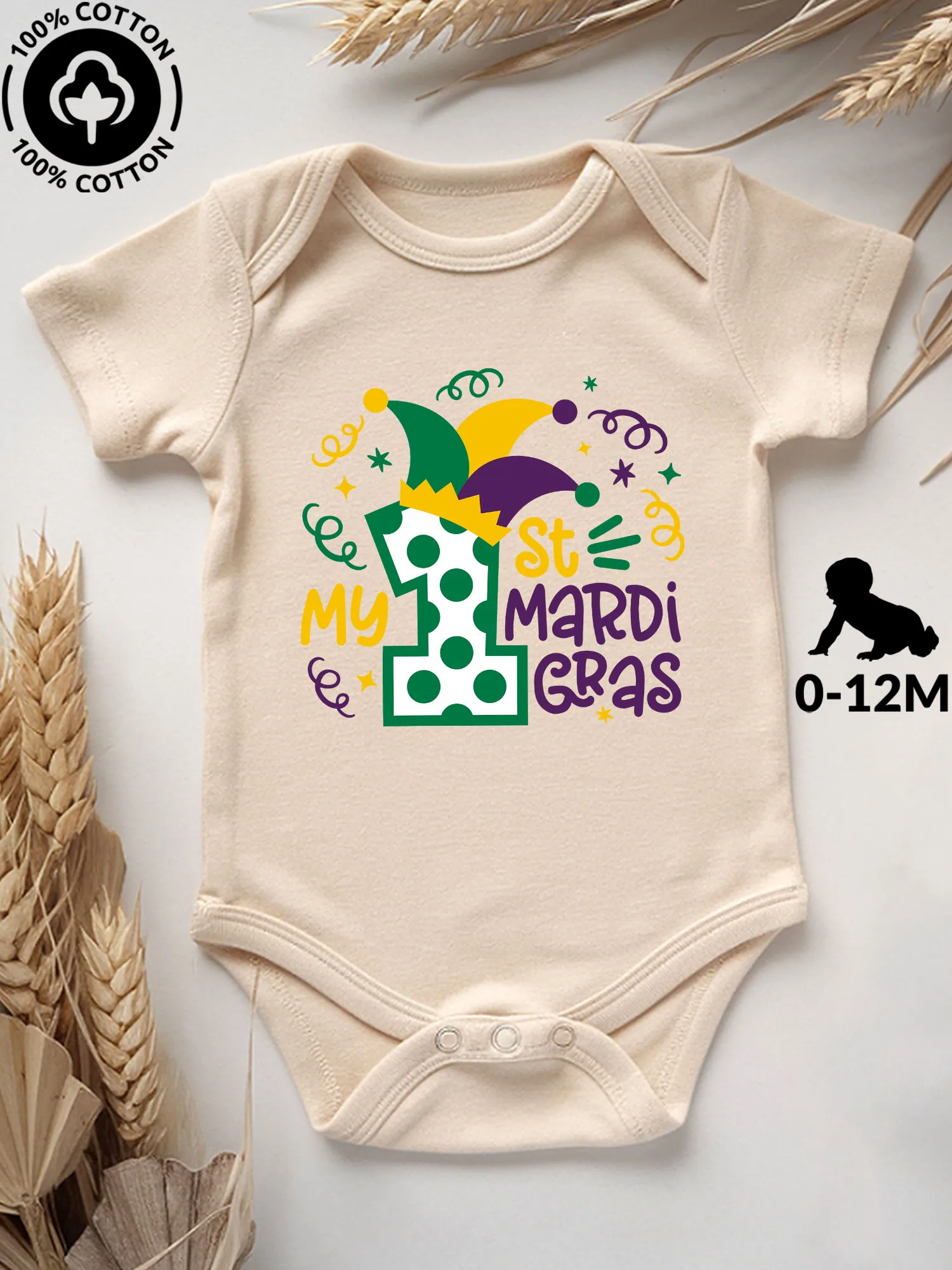 

My 1st Mardi Gras 02 Unisex Baby Bodysuit, 100% Cotton Soft Onesie, All-Season Wear Beige Crawling Suit 190GSM