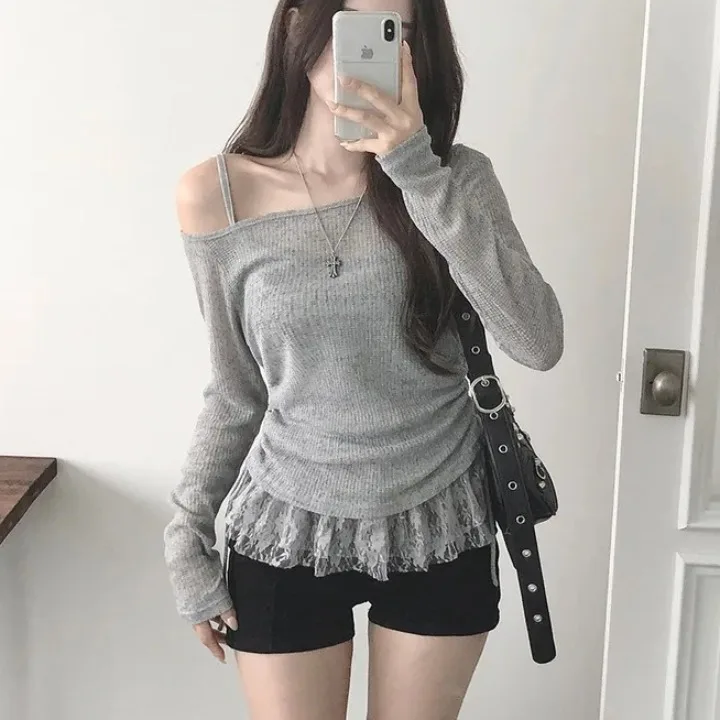 

Korean Chic Knot Ruffle Lace Sexy oulder Bared Top Pure Desire Strap Two Piece Set Women's Faion Commute Sle