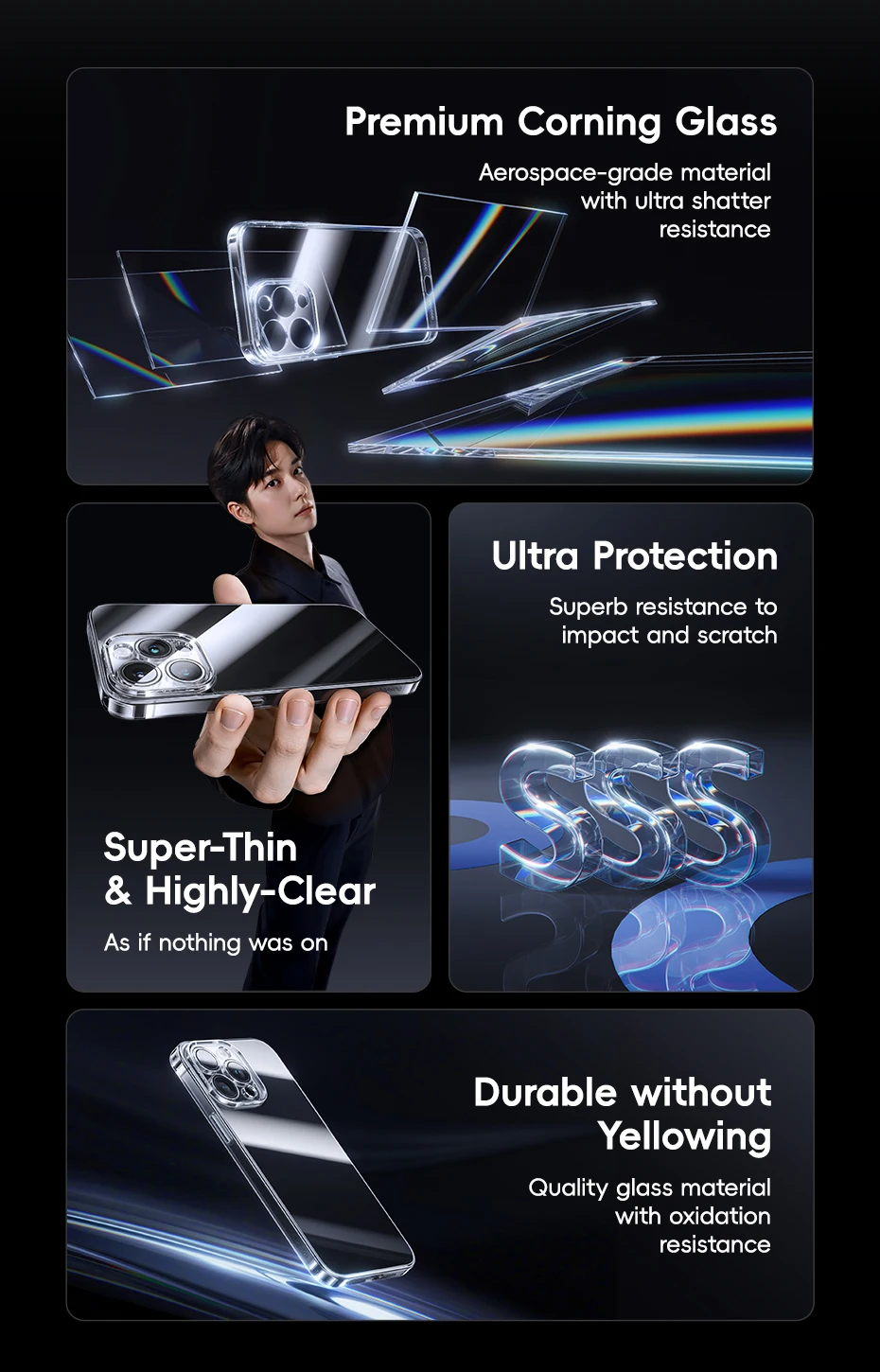 Baseus Gehärtetes Glas Hülle für iPhone 17 16 Pro Max Transparente Harte Robuste Corning Gorilla Glas Schutzhülle für iPhone 17 16 Pro Max – Detail 3