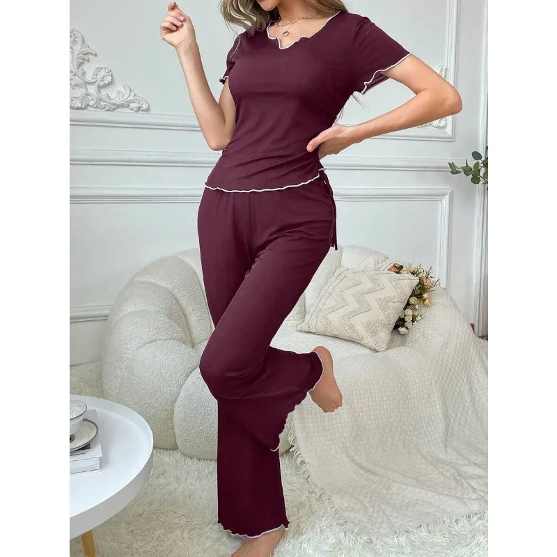 2pcs Set Women's Short Sleeve & Long Pants Loungewear Set Casual Soft Sleepwear Pajamas Home Wear Outfit
