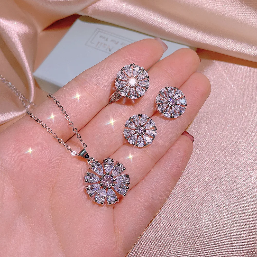 925 Sterling Silver High Quality Fashion Snow Flower White Zircon Jewelry Set Wedding Birthday Party Jewelry Gifts