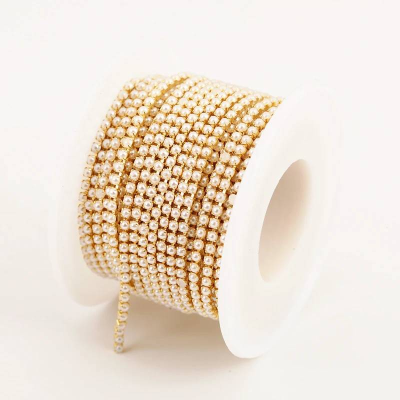 2mm 3mm 10yards Gold Perle Strass Tasse Kette Glas Dense Strass ABS Perle Kette Trim Bekleidung Tasse kette Für Bekleidung