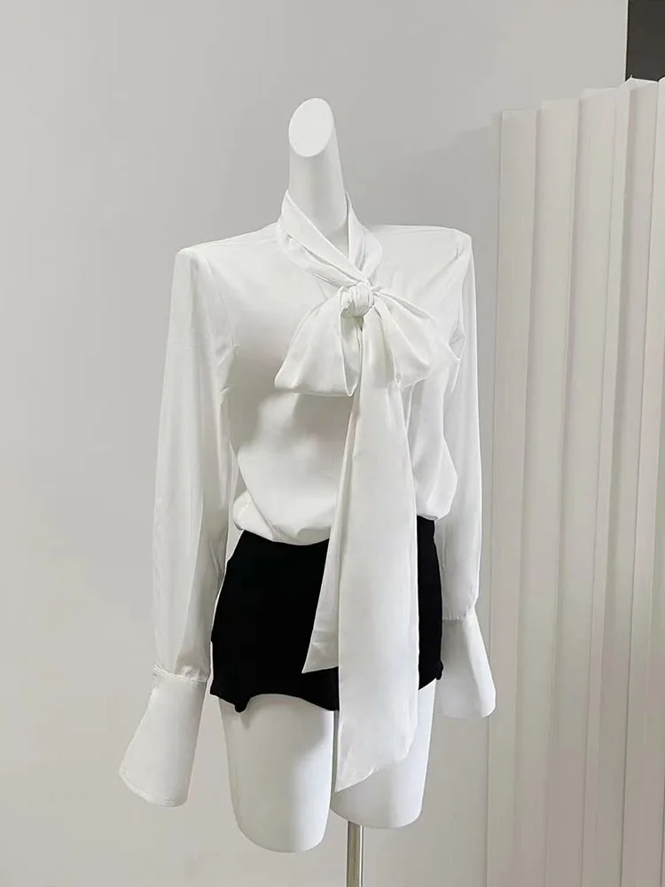 Elegant White Fashion V-Neck Bow Shirts Autumn Women Luxury Sweet Shirt Sleeve Tops French Style High Quality Chiffon Blouses