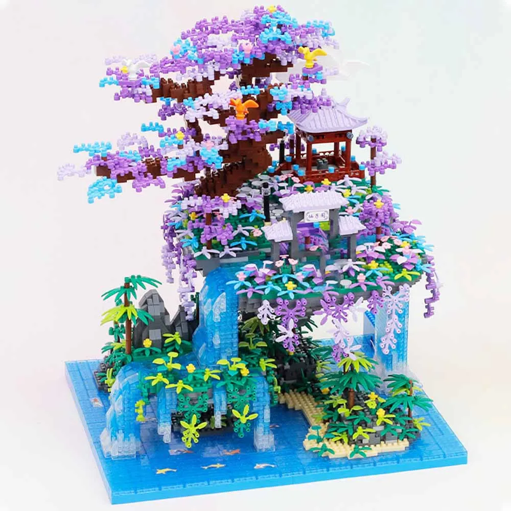 MOC forêt lacs arbre château maison blocs de construction ensemble cascade avec lumière bricolage jouets pour enfants anniversaire vacances cadeaux spéciaux
