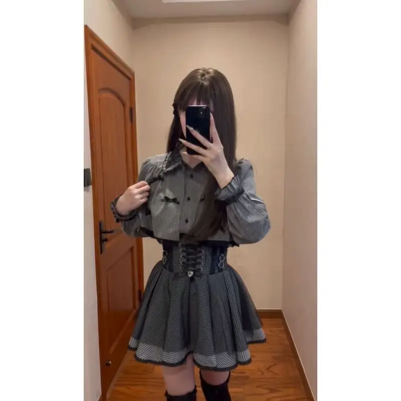 Japanese Dress Kawaii Womens Y2k 2000s Slim Goth 2-Piece Set Top+Skirt Harajuku Elegant Party Dresses Hot Girl Sweet Fashion Emo