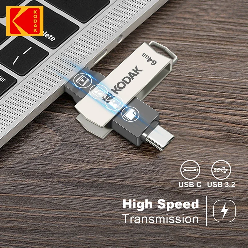 Kodak Type C Two in One USB Flash Drive 32GB 64GB 128GB Computer Mobile Phone Dual Use USB Flash Drive Rotating Creative USB 3.1