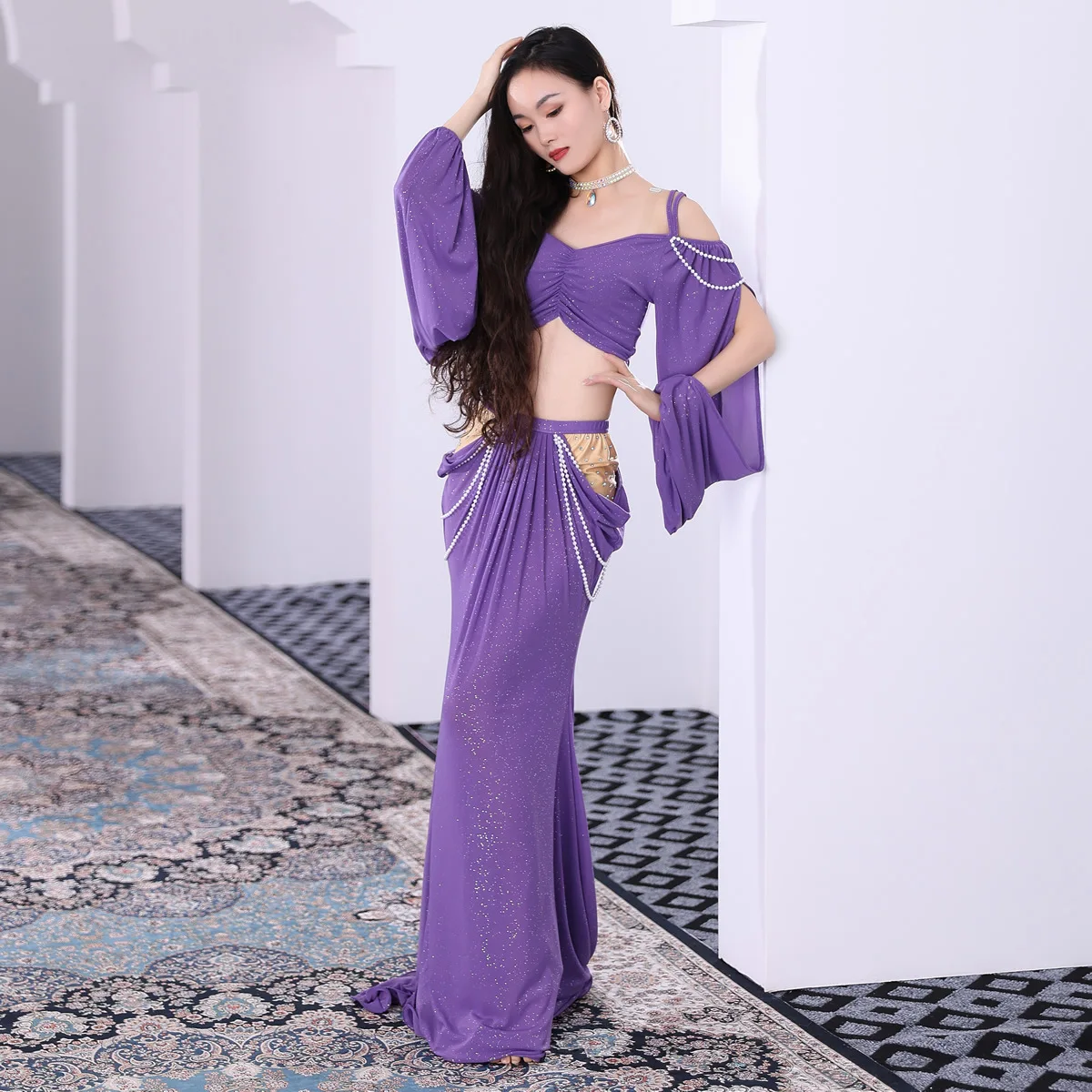 Belly Dancing Costume Oriental Dance Long Skirt Belly Dance Practice Dance Clothes Bellydance Pearl surround design Rave Outfits