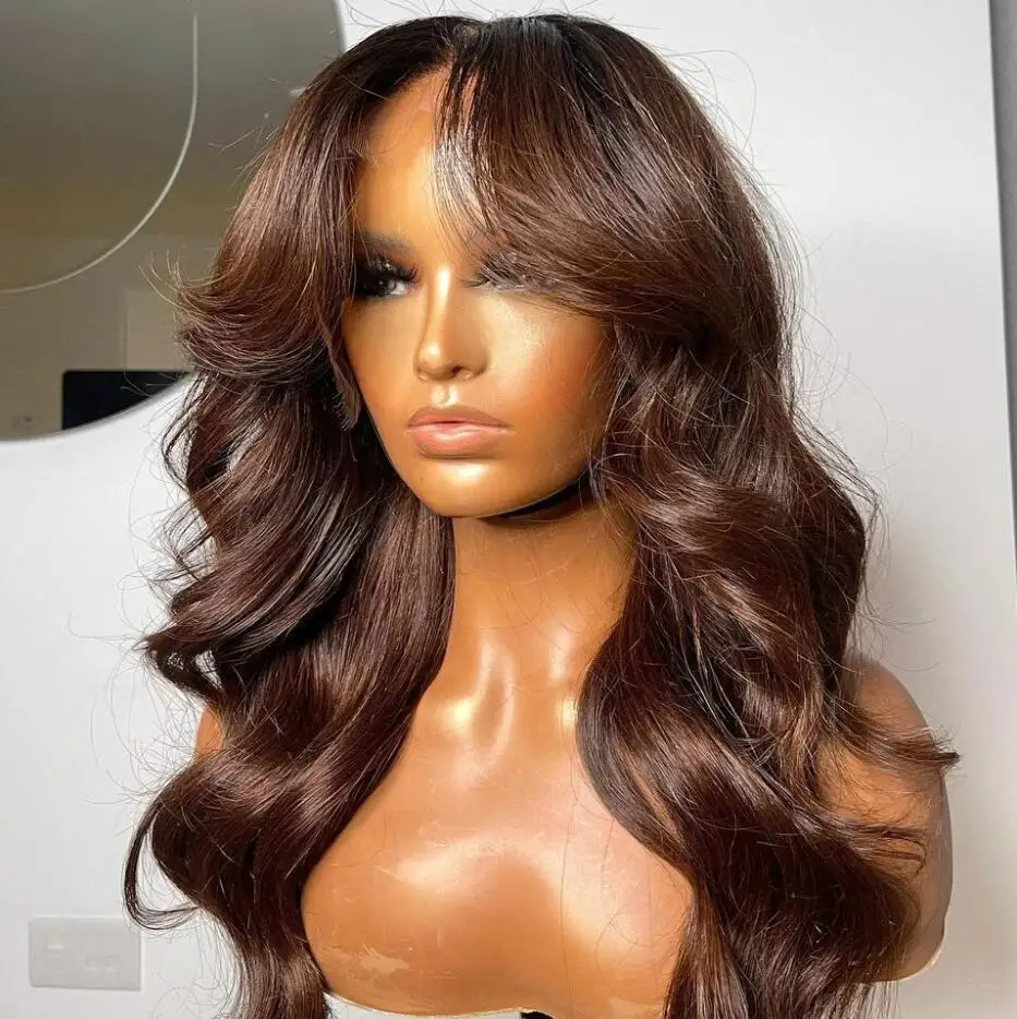 Longo marrom corpo onda laço frente perucas para mulheres negras, cabelo do bebê, resistente ao calor, glueless, macio, natural, 180 densidade, 26 ", pré-arrancado