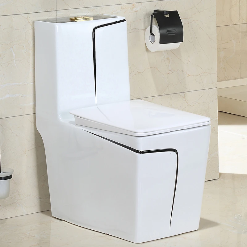 Modern Dual-Flush Square S-Trap Ceramic One Piece Toilet with Siphon Jet Flushing White Gold Color
