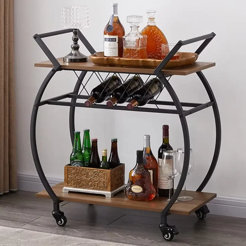 Industrial Mobile Coffee Cart Wood Metal Bar Table Portable Service Trolley with Storage Shelves for Home Kitchen Wine Rack