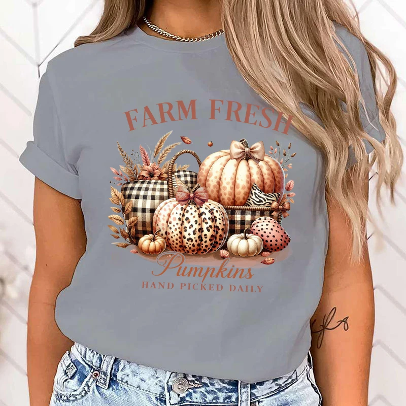 New Hot Autumn Farm Fresh Pumpkins Hand Picked Daily Printed T-Shirts Women Girl Unisex Casual Loose Round Neck