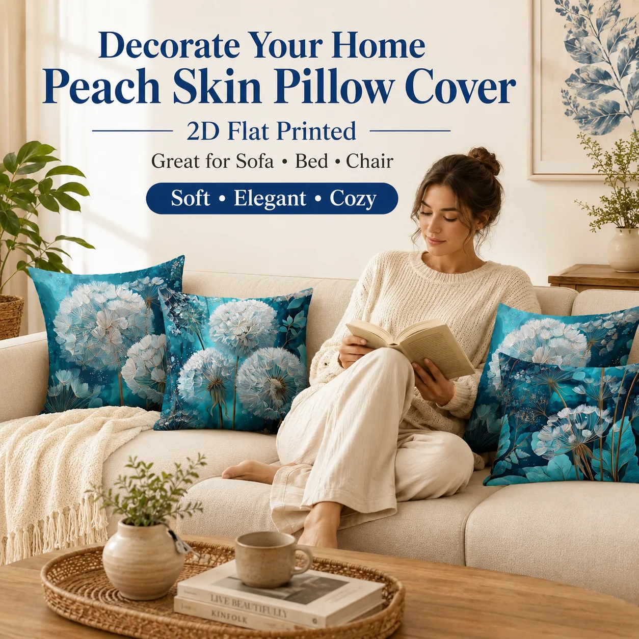 

Teal Blue Dandelion Floral 2D Flat Printed Peach Skin Pillow Cover Cushion Case For Sofa Living Room Decor One-Piece 45x45