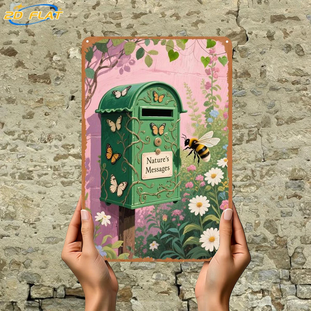2D Flat 1pc, A Bee And Butterflies Visit a Garden Mailbox, Metal Lron Sign  Decorative Paintings/Room/Restaurant/Bar
