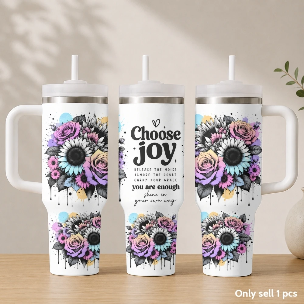 Artistic words like flowers Vacuum Flasks 40oz Stainless Steel Insulated Tumbler with Handle & Straw Leakproof Travel Mug