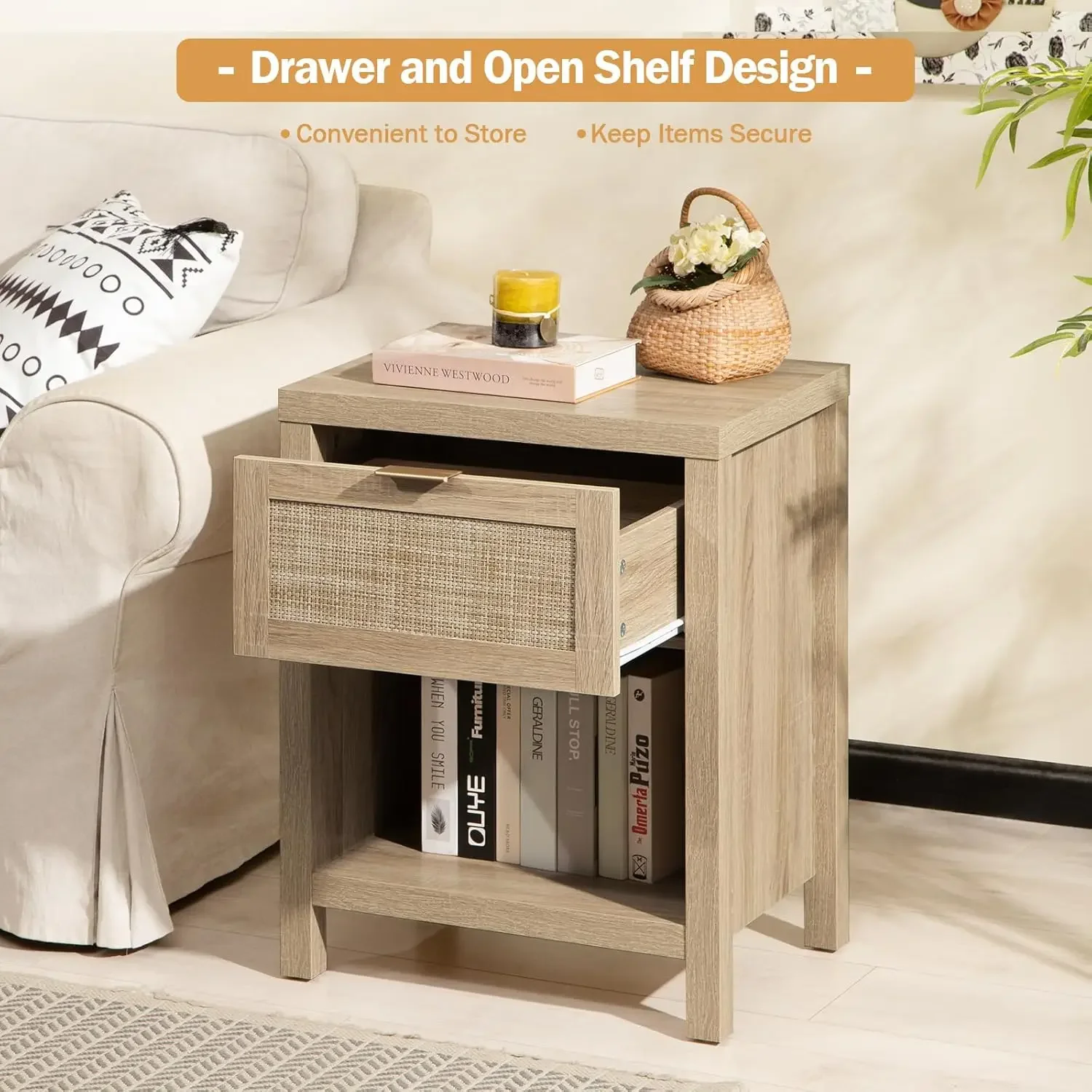 [Free Shipping, New Arrival!]Rattan Night Stands, Farmhouse Nightstand Boho End Side Table Bedside Table with Drawer and Open Sh