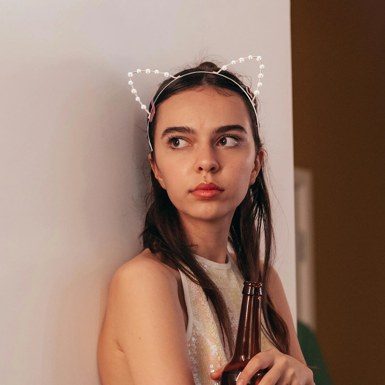 

Pearl Cat Ear Headband Stylish Alloy Faux Pearl Hair Accessory Comfortable Non-Slip Headband for Parties Cosplay