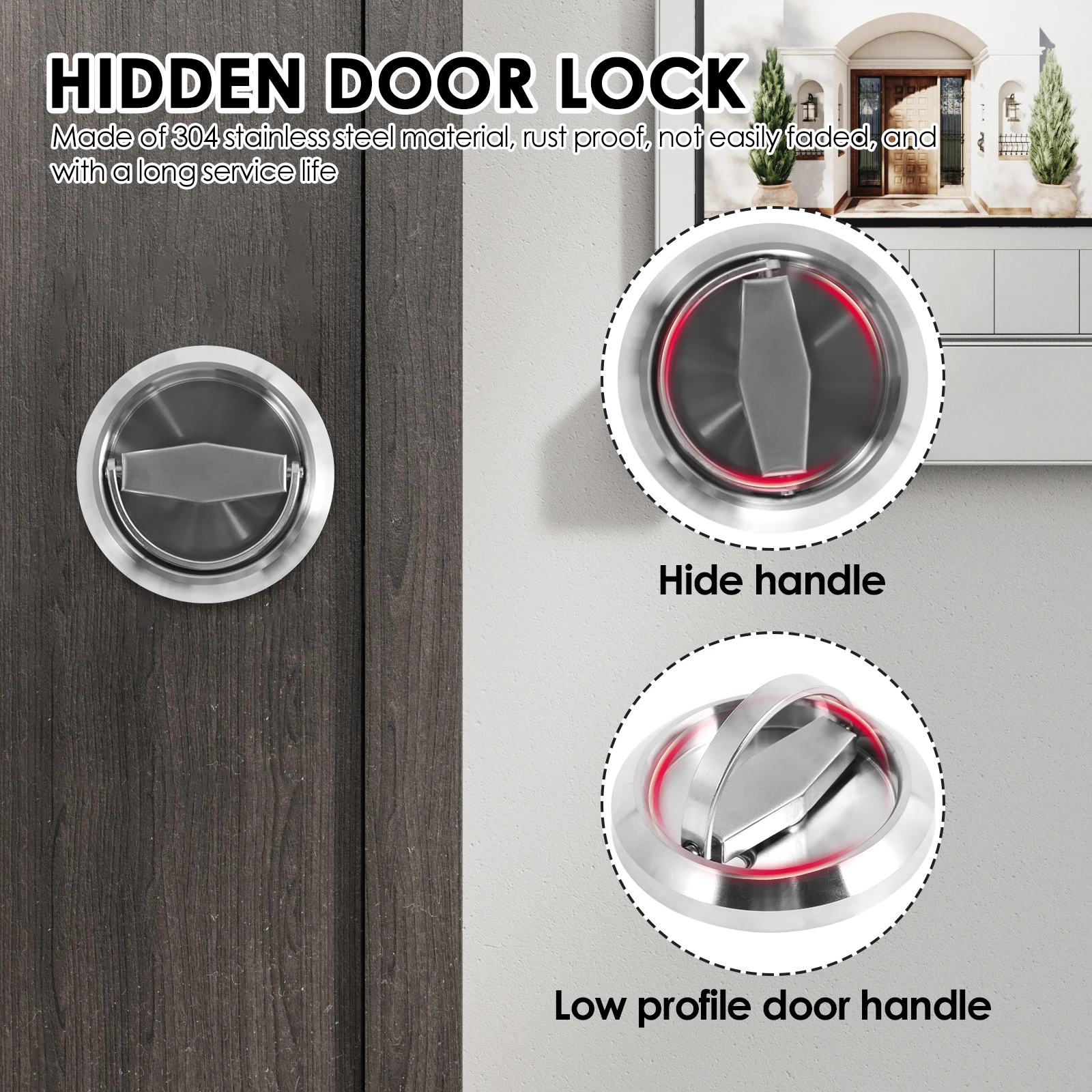 304 Stainless Steel Hidden Door Handle Lock Keyless Recessed Door Lock Single Cylinder Deadbolt Invisible Lock for Furniture